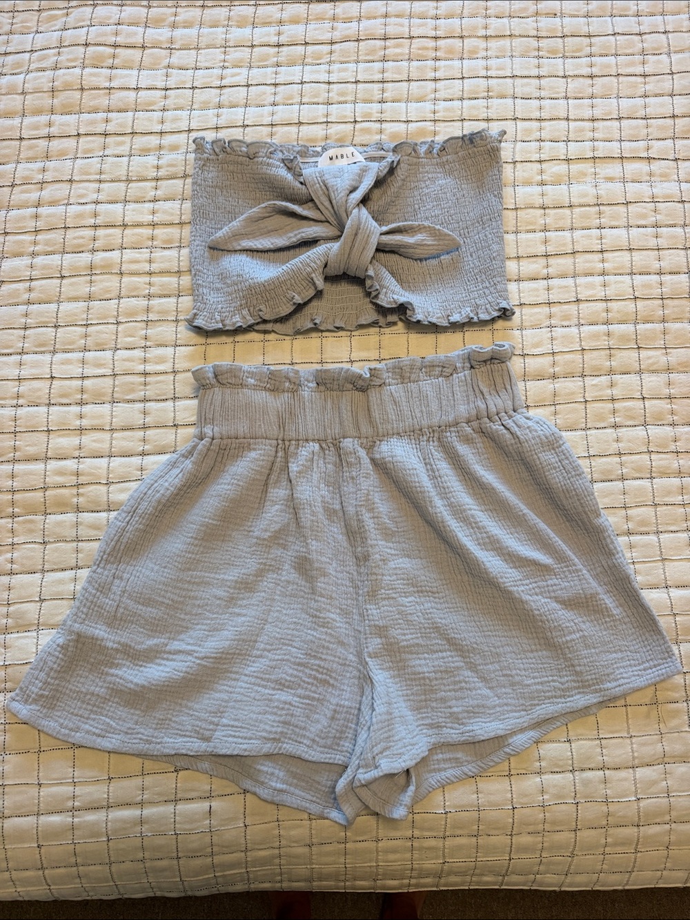 Smocked Set- Bandeau top & High-Waist Shorts - Light Gray